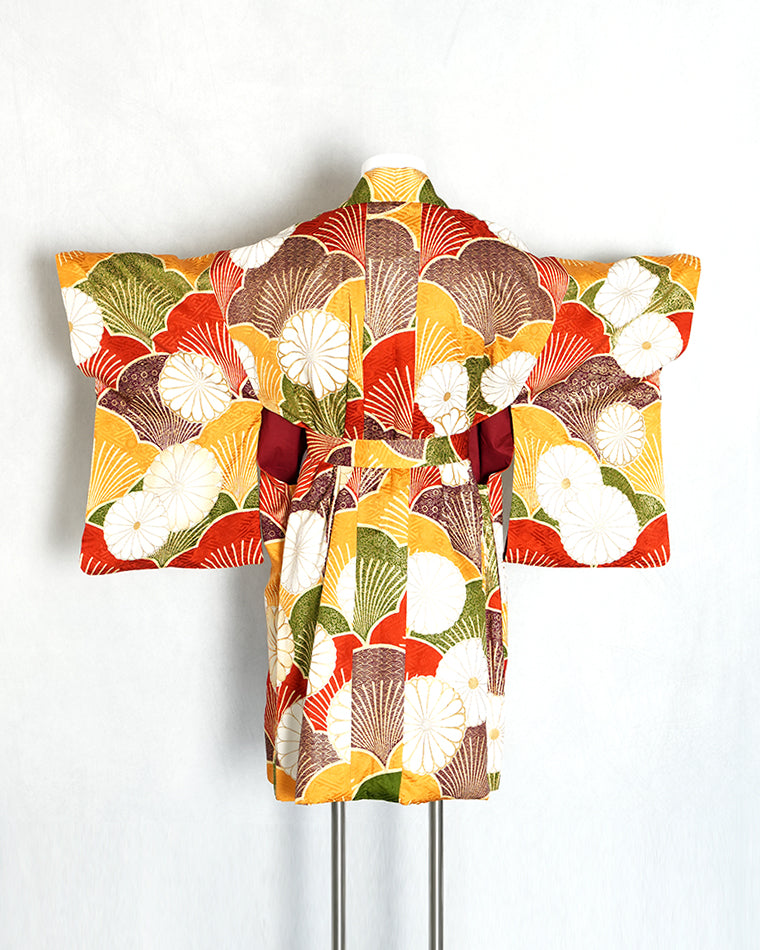 Re-designed Haori - Vintage kimono model (Chrysanthemum and plum, Blue ocean waves pattern)
