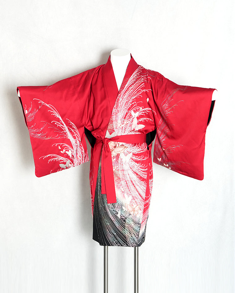 Re-designed Haori - Vintage kimono model (Chaotically blooming chrysanthemums and dancing butterflies pattern)