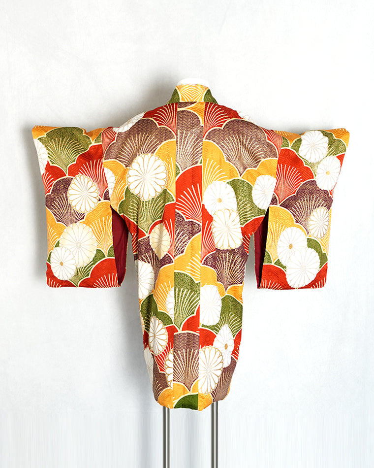 Re-designed Haori - Vintage kimono model (Chrysanthemum and plum, Blue ocean waves pattern)