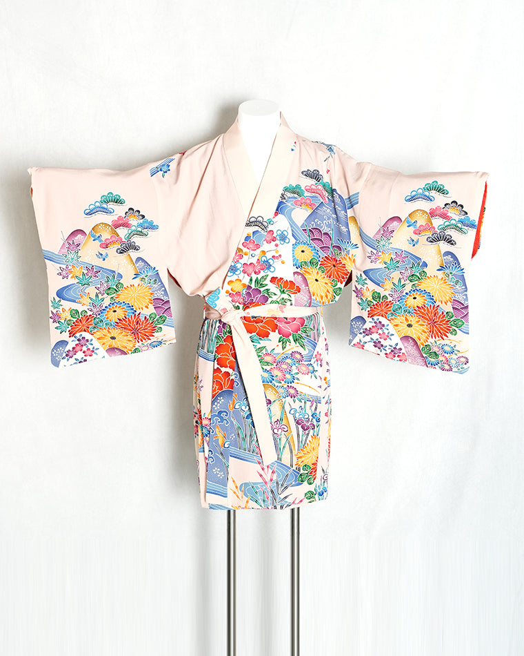 Re-designed Haori - Vintage kimono model (Pine, bamboo, plum, flowing water, flower and bird pattern)