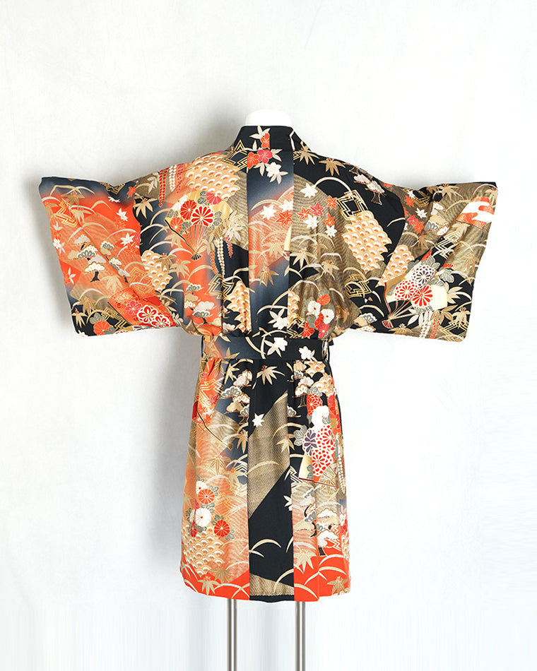Re-designed Haori - Vintage kimono model (Flower and fan pattern)