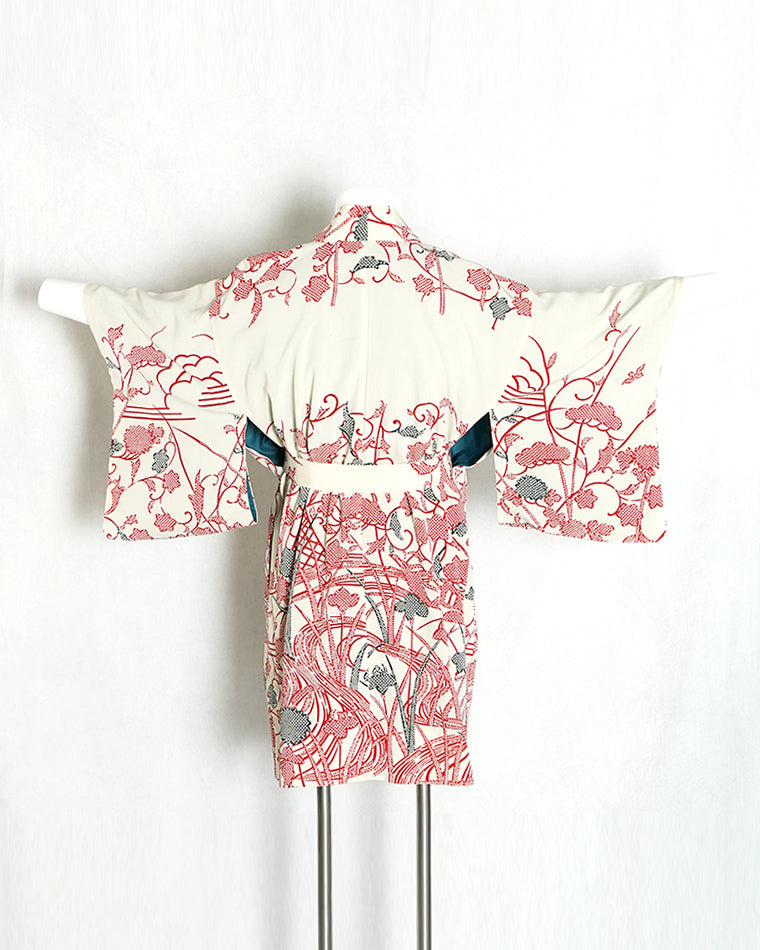 Re-designed Haori - Vintage kimono model (Bingata dyeing with plant pattern)