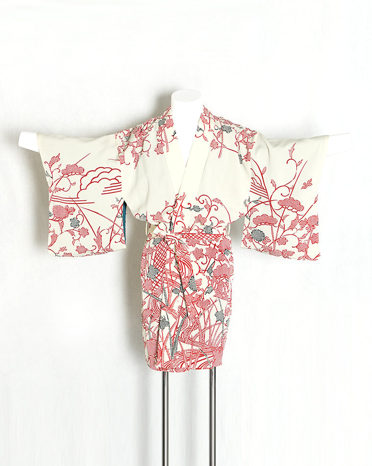 Re-designed Haori - Vintage kimono model (Bingata dyeing with plant pattern)