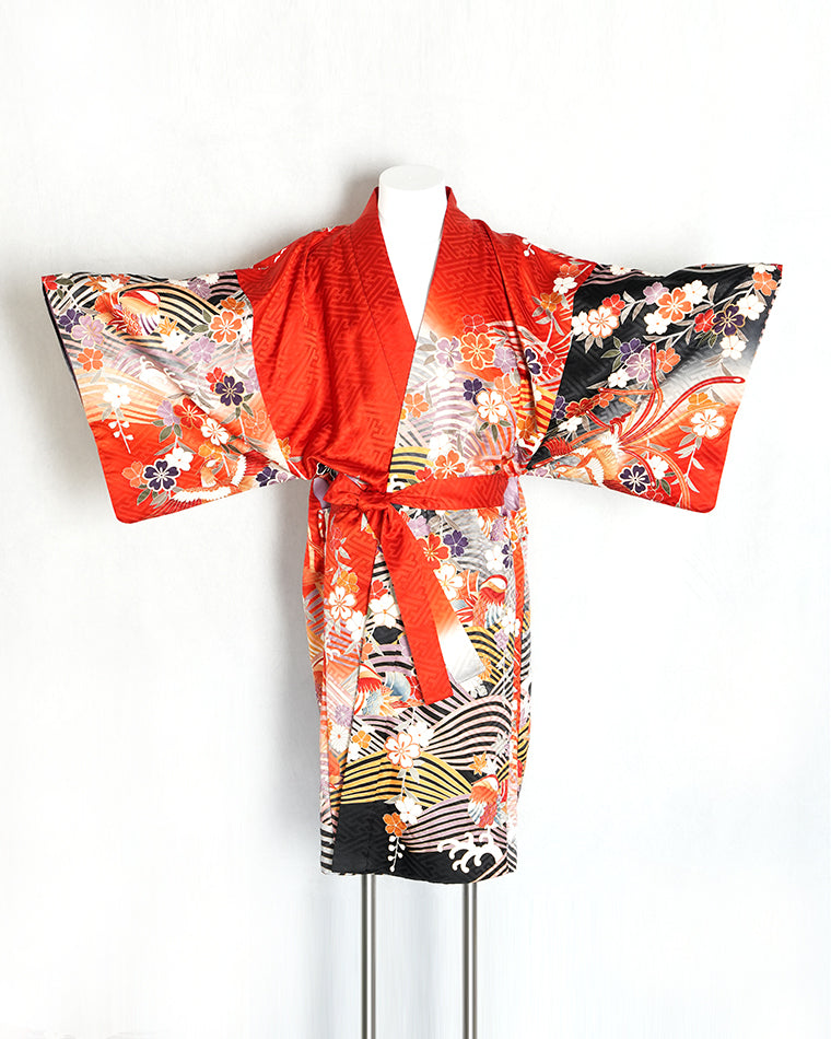 Re-designed Haori - Vintage kimono model (Mandarin duck and wave pattern)