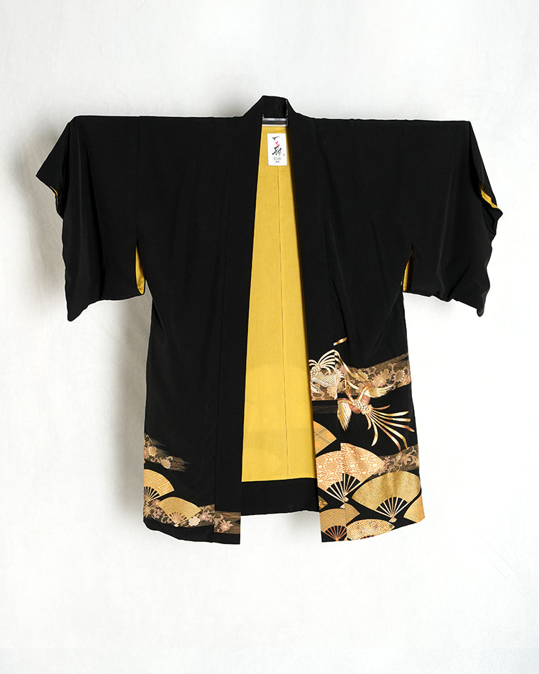 Re-designed Haori - Vintage kimono model (Gold thread phoenix and fan pattern)