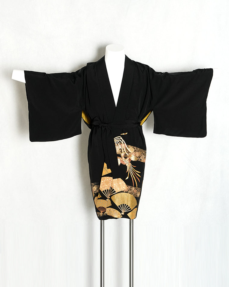Re-designed Haori - Vintage kimono model (Gold thread phoenix and fan pattern)