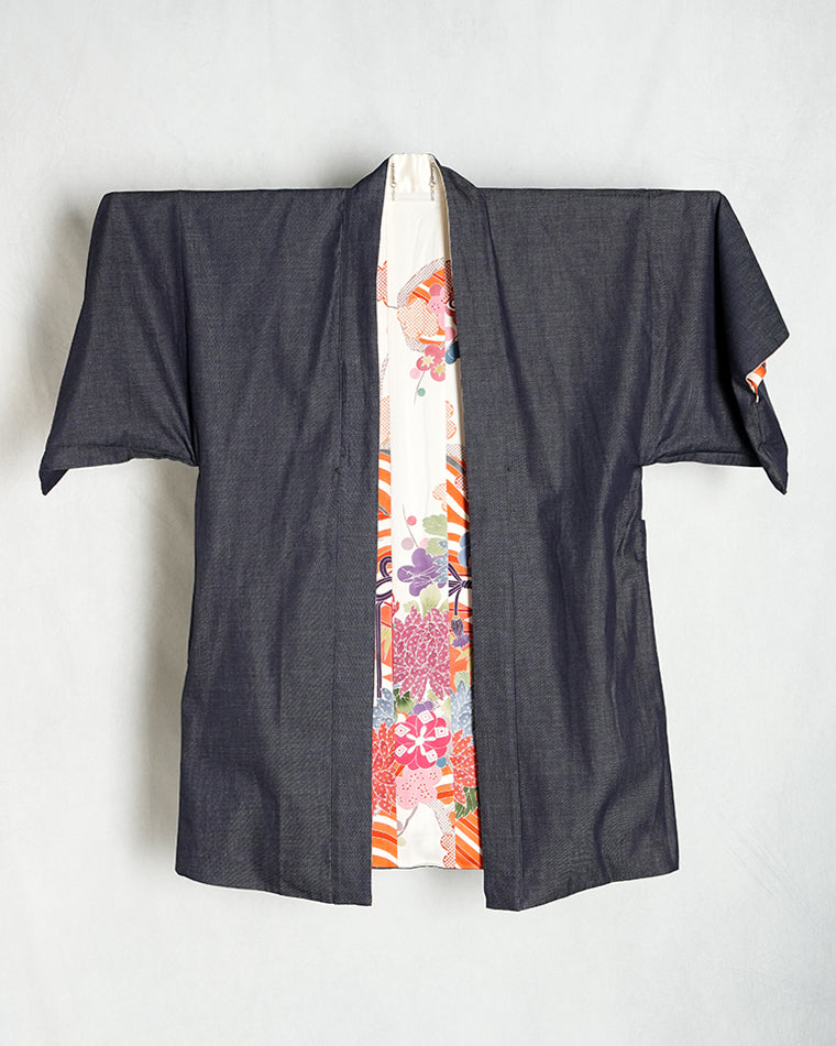 Haori-Vintage kimono model (Tea box and wave and flower branch pattern)