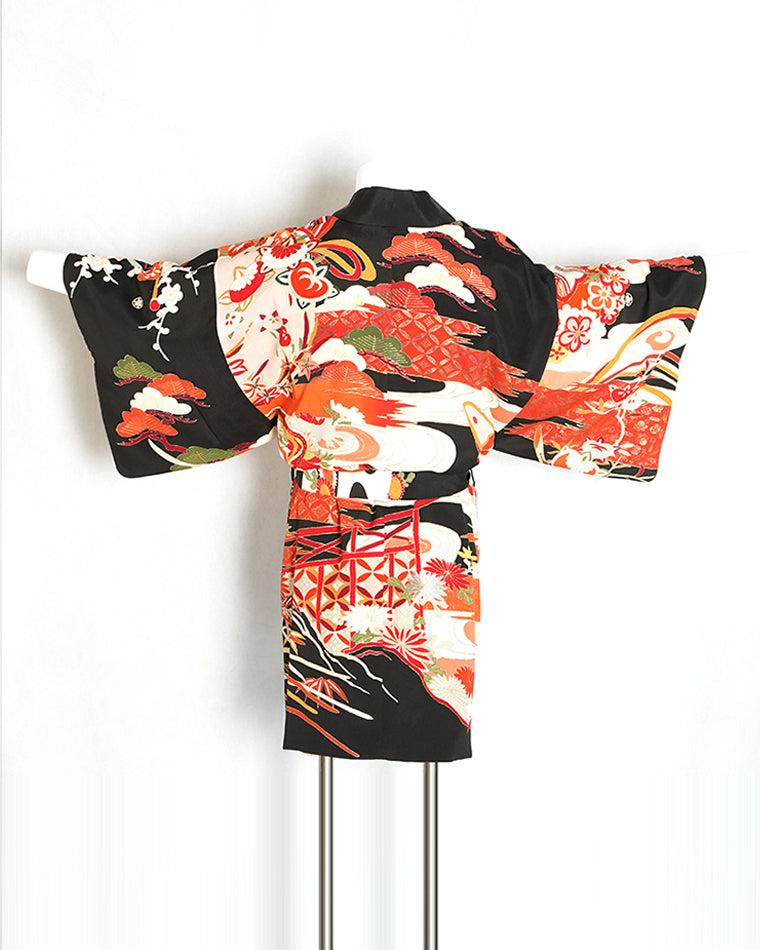 Re-designed Haori - Vintage kimono model (Drums, flowing water, flower, and boat pattern)