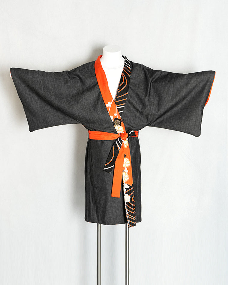 Re-designed Haori - Vintage kimono model (Running water and plum pattern)