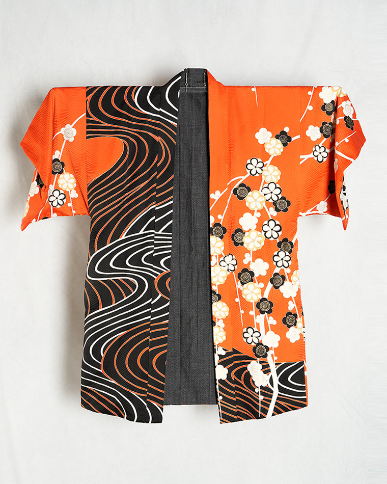 Re-designed Haori - Vintage kimono model (Running water and plum pattern)