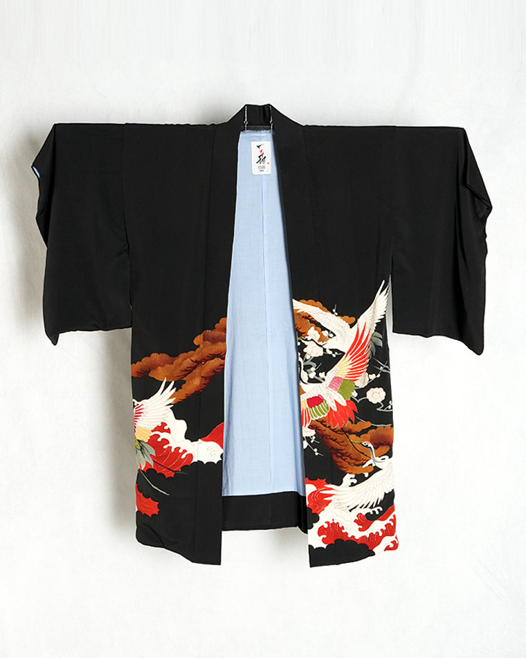 Re-designed Haori - Vintage kimono model (Kinsha and crepe crane pattern)