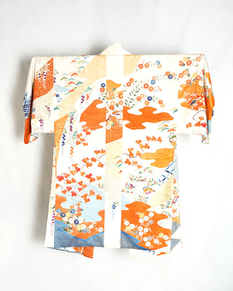 Re-designed Haori - Vintage kimono model (Royal carriage, flower and bird pattern)
