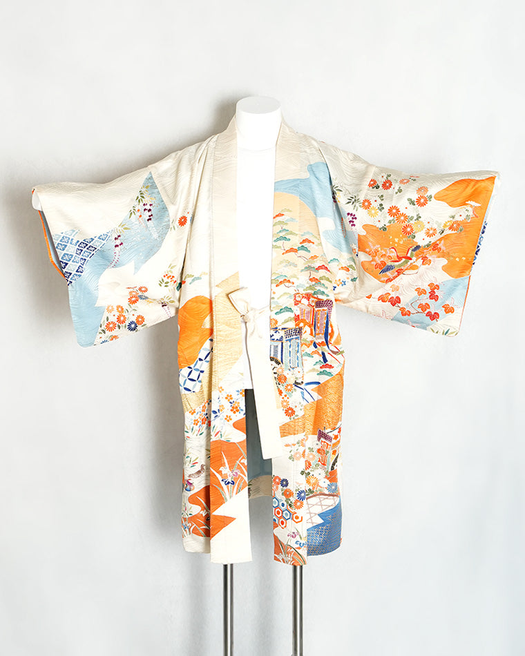 Re-designed Haori - Vintage kimono model (Royal carriage, flower and bird pattern)