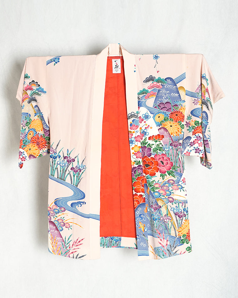 Haori-Vintage kimono model (Pine, bamboo, plum, flowing water, flower and bird pattern)