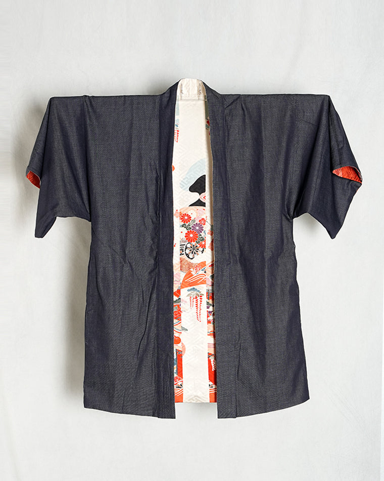 Haori-Vintage kimono model (Mandarin duck and cypress fan pattern)