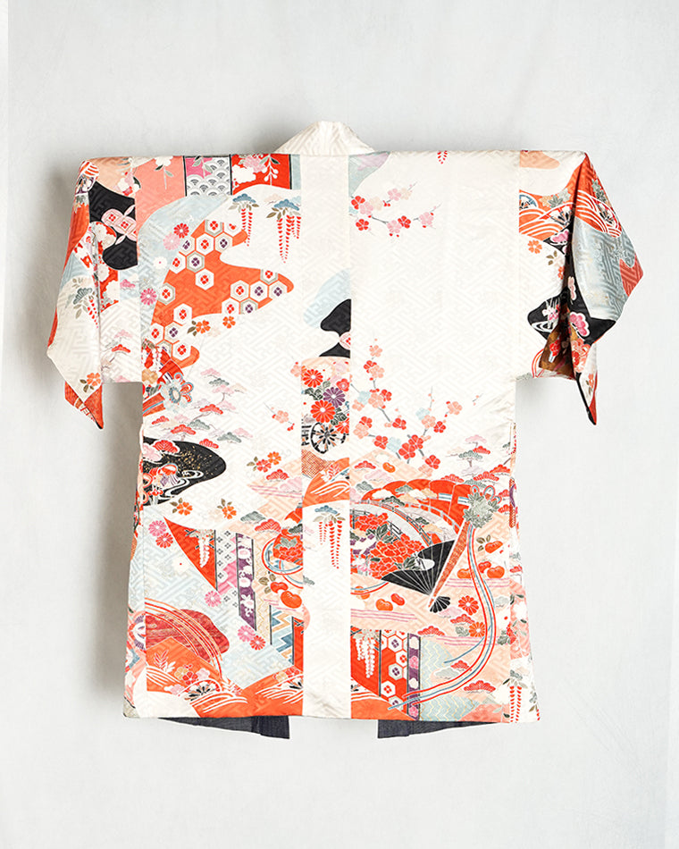 Re-designed Haori - Vintage kimono model (Mandarin duck and cypress fan pattern)